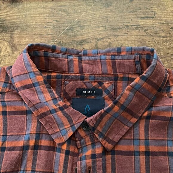 Prana Mens Shirt Sz Large Brown Blue Plaid Slim Fit Short Sleeve Organic Cotton - Picture 7 of 8